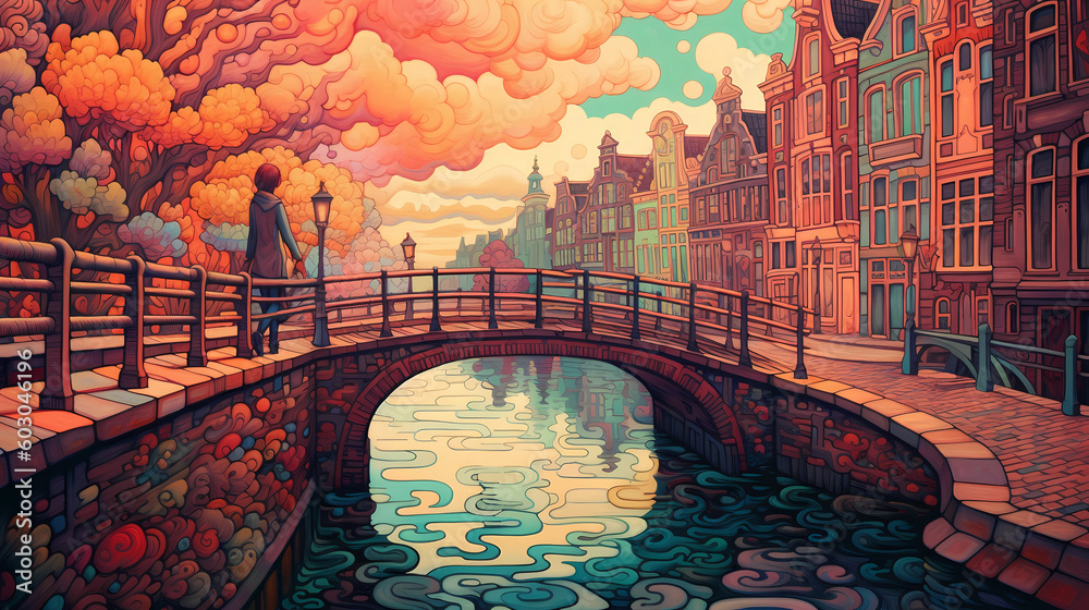 Fototapeta premium Illustration of a beautiful city view on the river