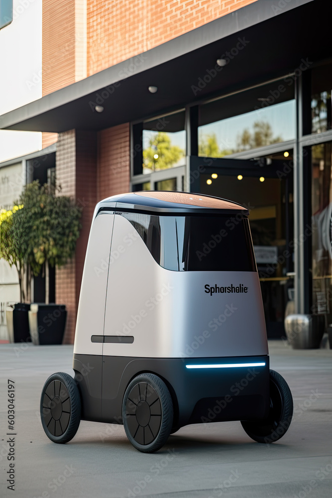 Starship food delivery robot is driving on the sidewalk, Robots are delivering food from post. Generative AI