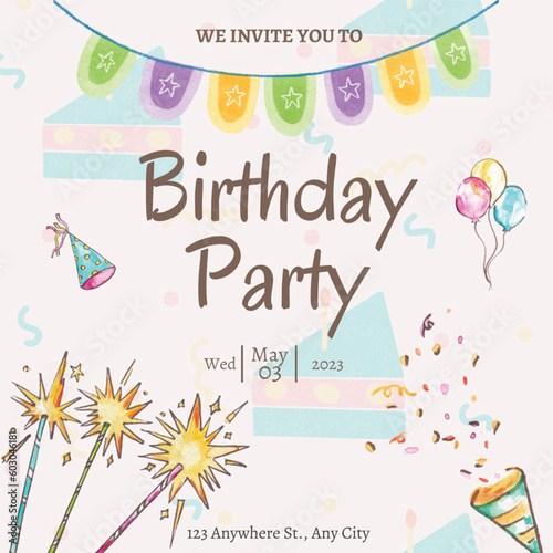birthday party template and cover design, birthday party invitation card, with cute illustration design