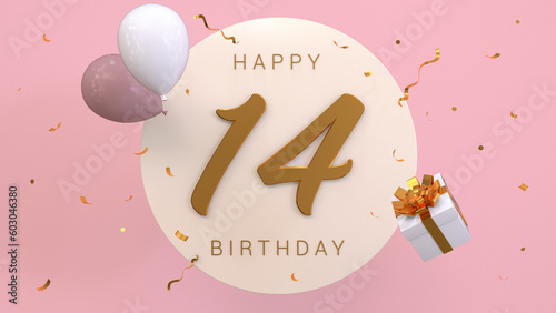 Elegant Greeting celebration 14 years birthday. Happy birthday, congratulations poster. Golden numbers with sparkling golden confetti and balloons. 3d render illustration. photo