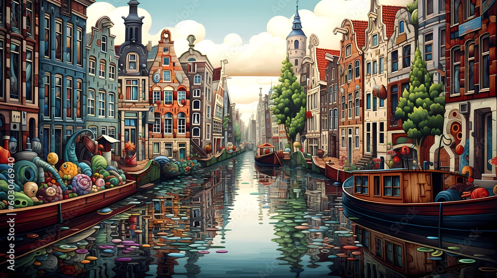 Fototapeta premium Illustration of a beautiful city view on the river