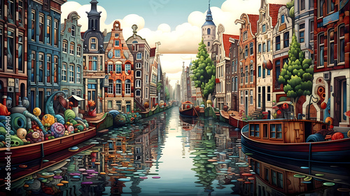 Illustration of a beautiful city view on the river