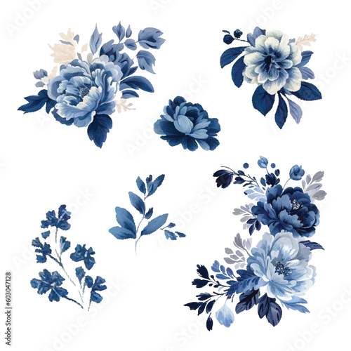 Set of floral branch. Flower navy blue rose, leaves. Wedding concept with flowers. Floral poster, invite. Vector arrangements for greeting card or invitation design