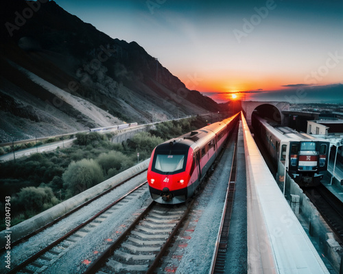 red high speed train on a bridge leaving the city heading into the sunset