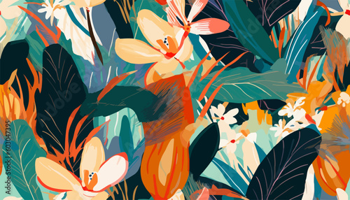 Modern exotic floral jungle pattern. Collage contemporary seamless pattern. Hand drawn artistic style design