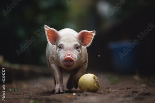 cute pig playing ball in the yard © imur