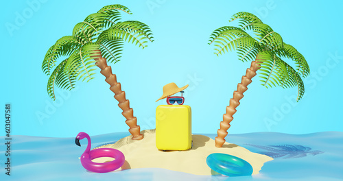 Sandy island with a palm tree and a suitcase. Vacation travel summer. 3d rendering