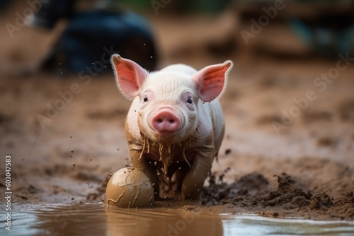 cute pig playing ball in the mud