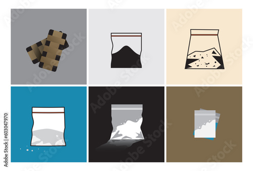 Drug bag, drugs package, heroin powder, cocain pack, smuggling, drugs trafficking, vector illustration