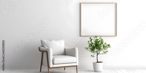 Blank picture frame mockup on white wall Generative AI.