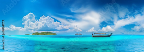 Tropical Island Getaway: Panoramic View of Boat in Turquoise Ocean Against Blue Sky with White Clouds, generative AI © Ash