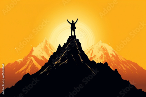 Triumphant Leader Standing Atop Mountain Peak Silhouette  generative AI