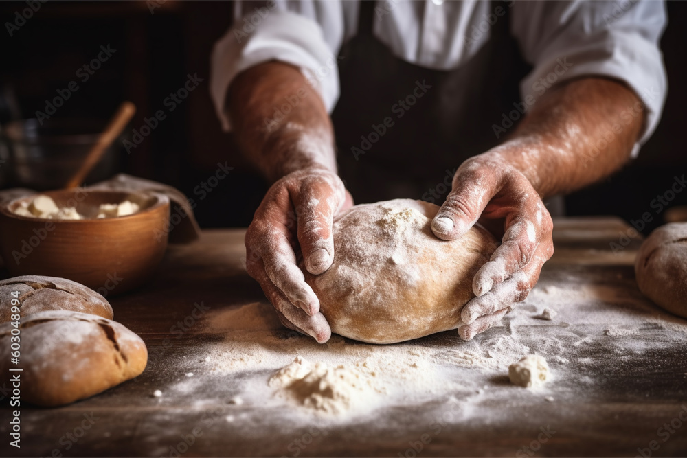 Generated Ai, A baker kneading a dough on a table with a wooden bowl of flour and a wooden bowl of flour.