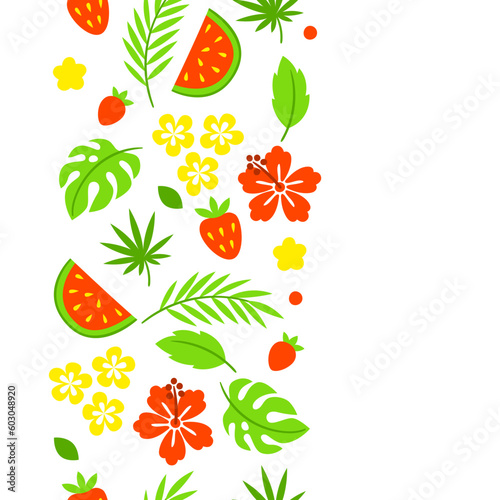 Pattern with summer plants. Beautiful tropical natural flowers, fruits and leaves.