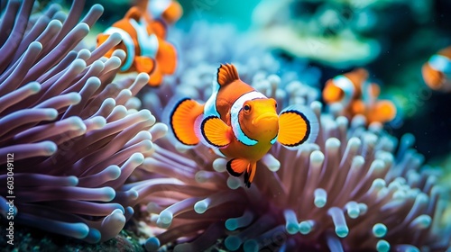 Clownfish Swimming Among the Vibrant Corals of a Tropical Reef. Generative ai