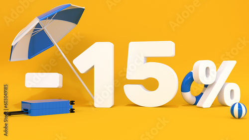 3d text minus 15 percent with luggage for travel on a yellow background. Concept for travel agencies, websites, travel discount, vacation. 3d rendering.