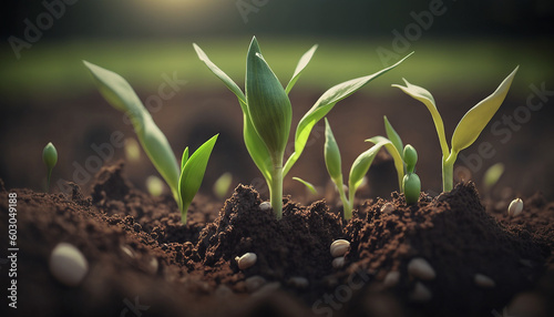 Fresh green corn sprouts in the spring on the field. Generative AI, © Яна Ерік Татевосян