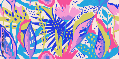 Seamless modern pattern with tropical plants. Exotic colorful floral pattern with abstract elements on beige background. Hand drawn collage with leaves, branches, flowers. Freehand illustration