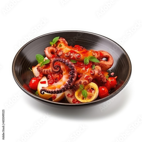 Dish with grilled octopus on a white background
