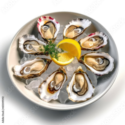 Dish with oysters, sliced lemon, ice on a white background