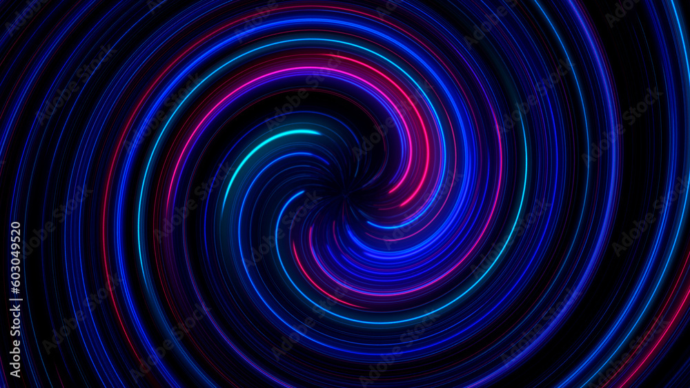 Fototapeta premium Illustration of abstract colorful glow radial lines circles concentric on black background.