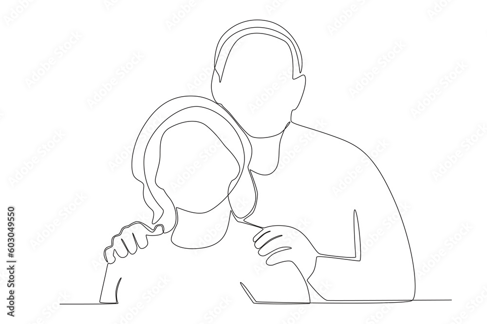 Grandfather embraced grandmother from behind. Grandparent day one-line drawing