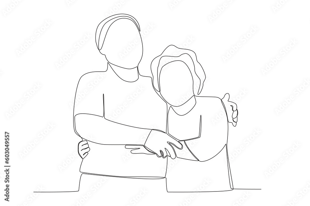 Grandfather and grandmother hugging. Grandparent day one-line drawing
