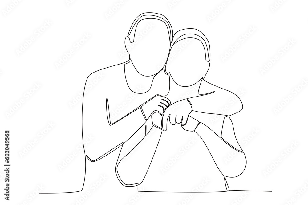 Grandfather hugs grandmother from behind. Grandparent day one-line drawing