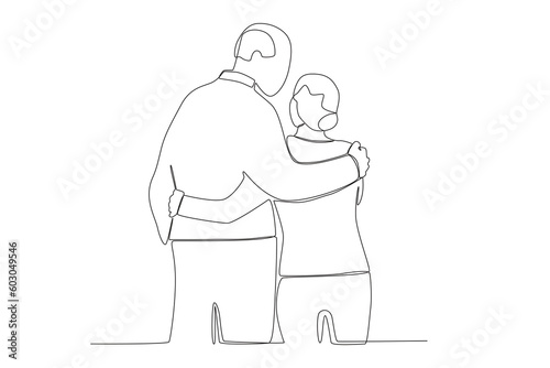 Grandparents hug each other. Grandparent day one-line drawing