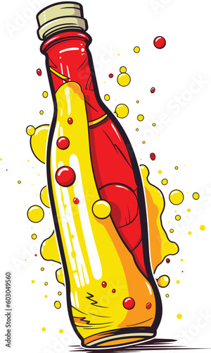 A bottle of red and yellow liquid with a yellow cap and a red cap.