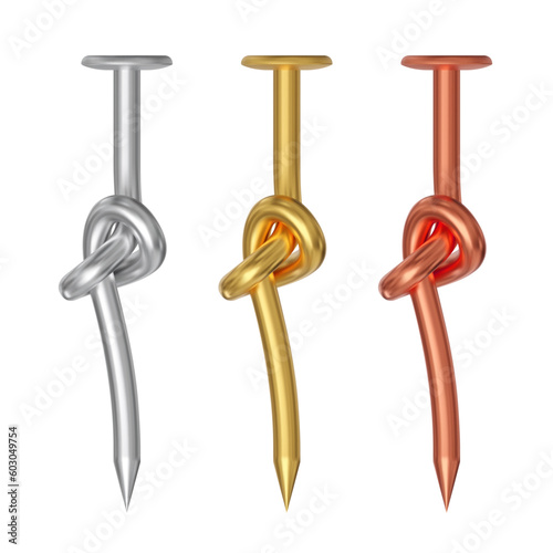 Realistic vector bent and knotted metal nails. Gold metallic and copper nails for a conceptual design.
