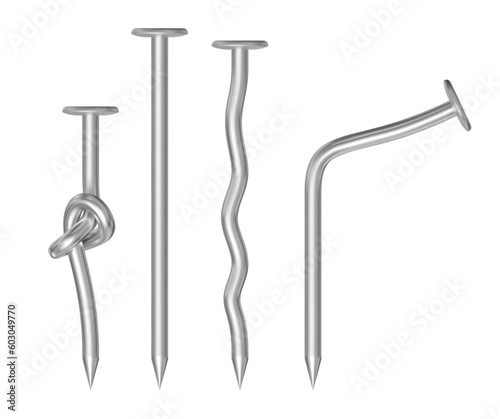 Bent, straight and knotted metal nails. Realistic vector.