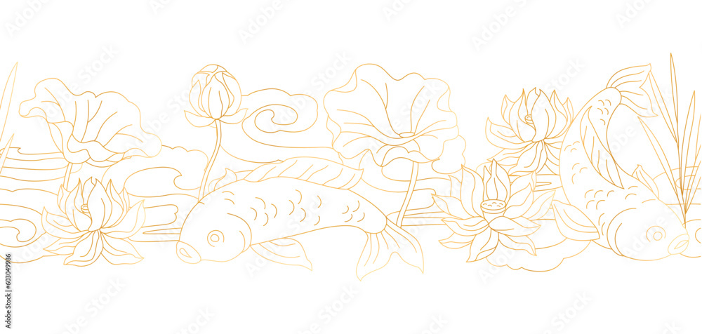 Oriental fish and lotus pattern. Chinese and japanese traditional background.