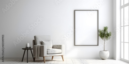 Blank picture frame mockup on white wall,generative ai