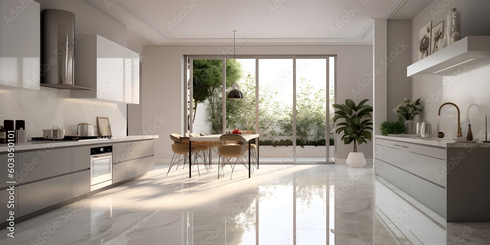 Fototapeta premium Modern disign kitchen interior with window and city veiw. AI generative image