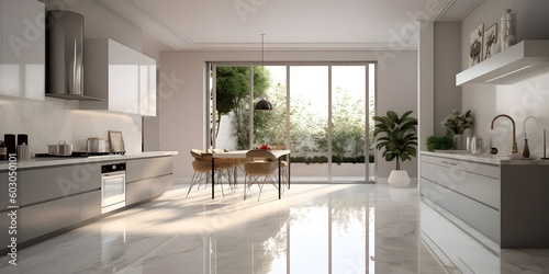 Modern disign kitchen interior with window and city veiw. AI generative image