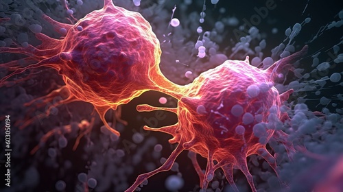 Uncontrolled Growth of Cancer Cells and their division under microscope. Deadly battle inside the body. Generative AI