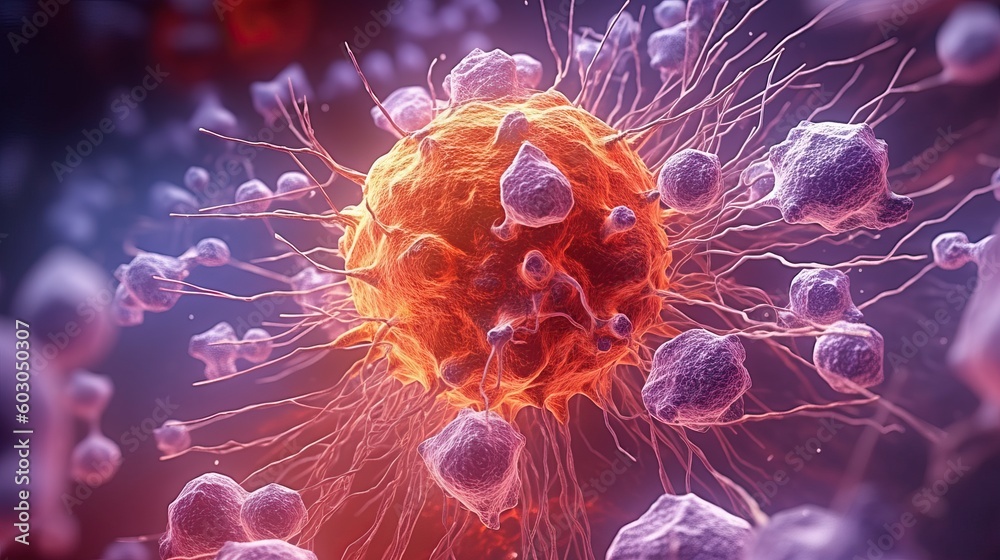 Uncontrolled Growth of Cancer Cells and their division under microscope. Deadly battle inside the body. Generative AI Uncontrolled Growth of Cancer Cells and their division under microscope. Deadly battle inside the body. Generative AI