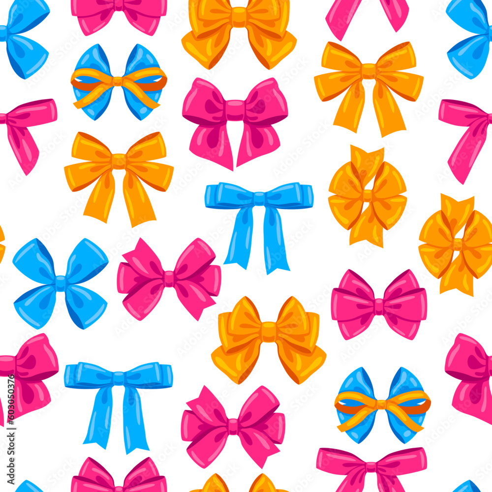 Pattern with color bows. Ribbon with knot for card decoration and design.