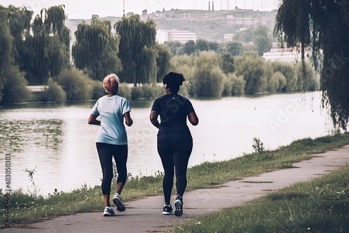 Two senior women white and black jogging in the park. Health and fitness concept. Generative AI.