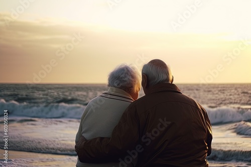 Olld lovely couple on the ocean beach looking at the sunset. Generative AI.