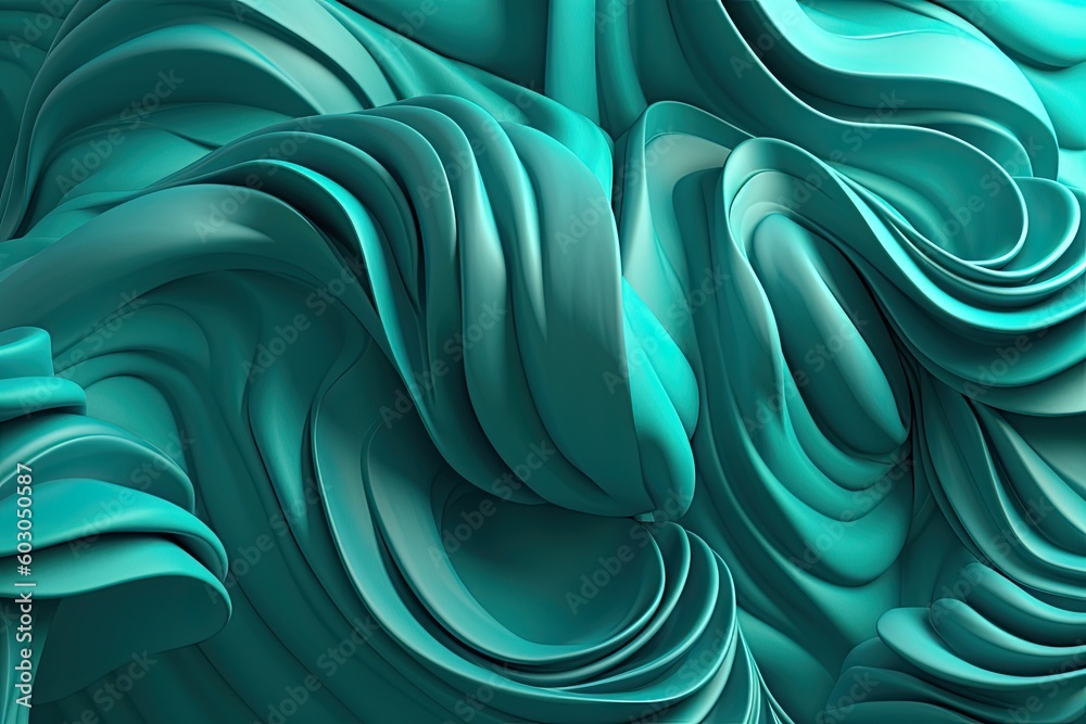 Teal 3D backdrop with seamless loops, organic patterns, dreamlike abstraction resembling a canvas, colorful curves. Generative AI