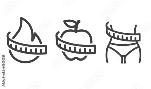 Female waist, apple and flame with a sewing meter for weight loss measurement.