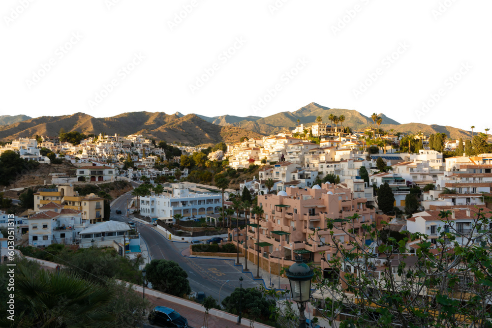 city view, mountains, nerja spain, transparent background. PNG.