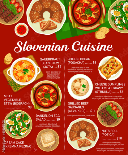 Slovenian cuisine restaurant menu page. Grilled beef sausages Cevapcici, stew Ota and bread Pogacha, dandelion egg salad, meat stew Bograch and nuts roll Potica, dumplings Struklji, cake Kremna Rezina