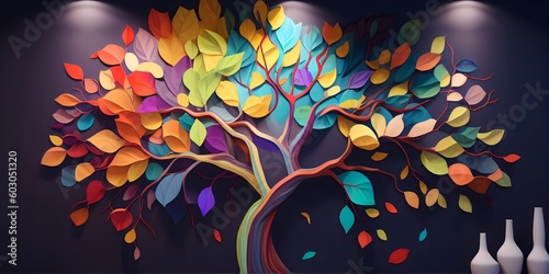 Fototapeta Naklejka Na Ścianę i Meble -  Colorful tree with leaves on hanging branches of blue, white and golden illustration background. 3d abstraction wallpaper for interior mural wall art decor. floral tree with multicolor leaves. ai