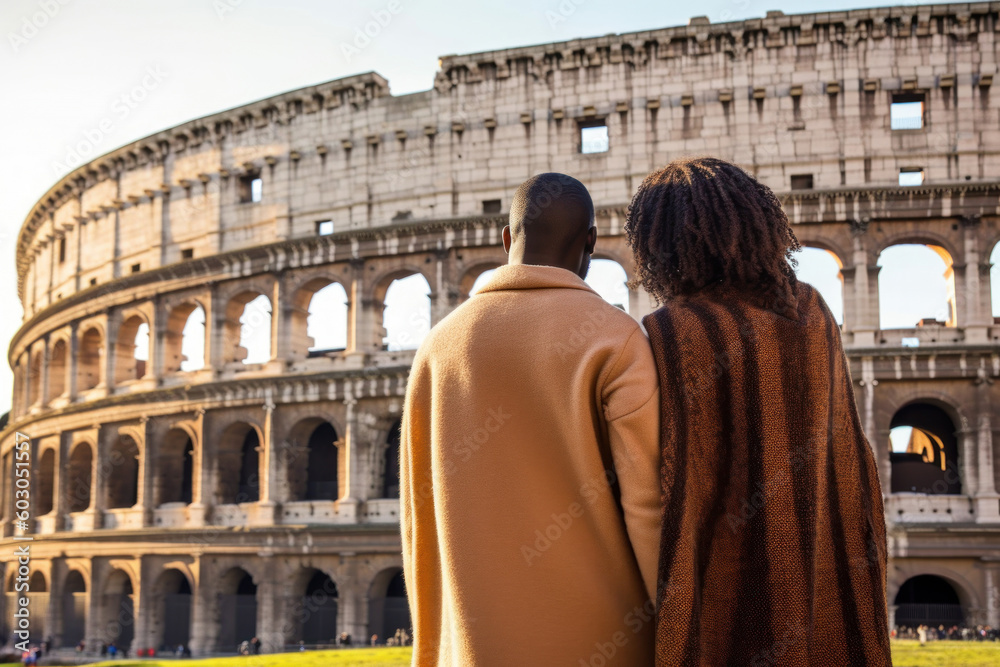 African american couple against Colosseum, Rome, Italy.  Tourists in love, visiting italian famous landmarks. Generative AI.