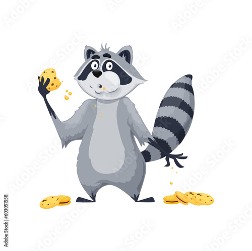 Cartoon raccoon character. Comical and cute baby animal personage eating cookies with chocolate chips, isolated funny raccoon character or mascot chewing sweet pastry dessert