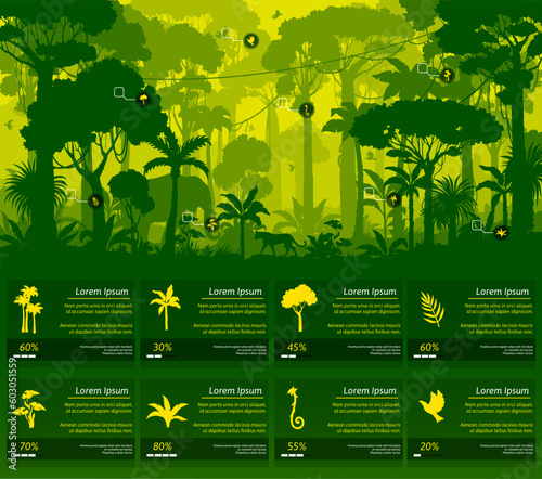 Jungle forest silhouette infographics on rainforest trees and plants nature, vector information. Jungle forest infographics with wild animals, tropical landscape of rainforest or Amazon forest trees