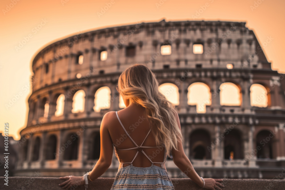 Back of blond woman against Colosseum, Rome, Italy.  Tourist girl visit italian famous landmark. Generative AI.